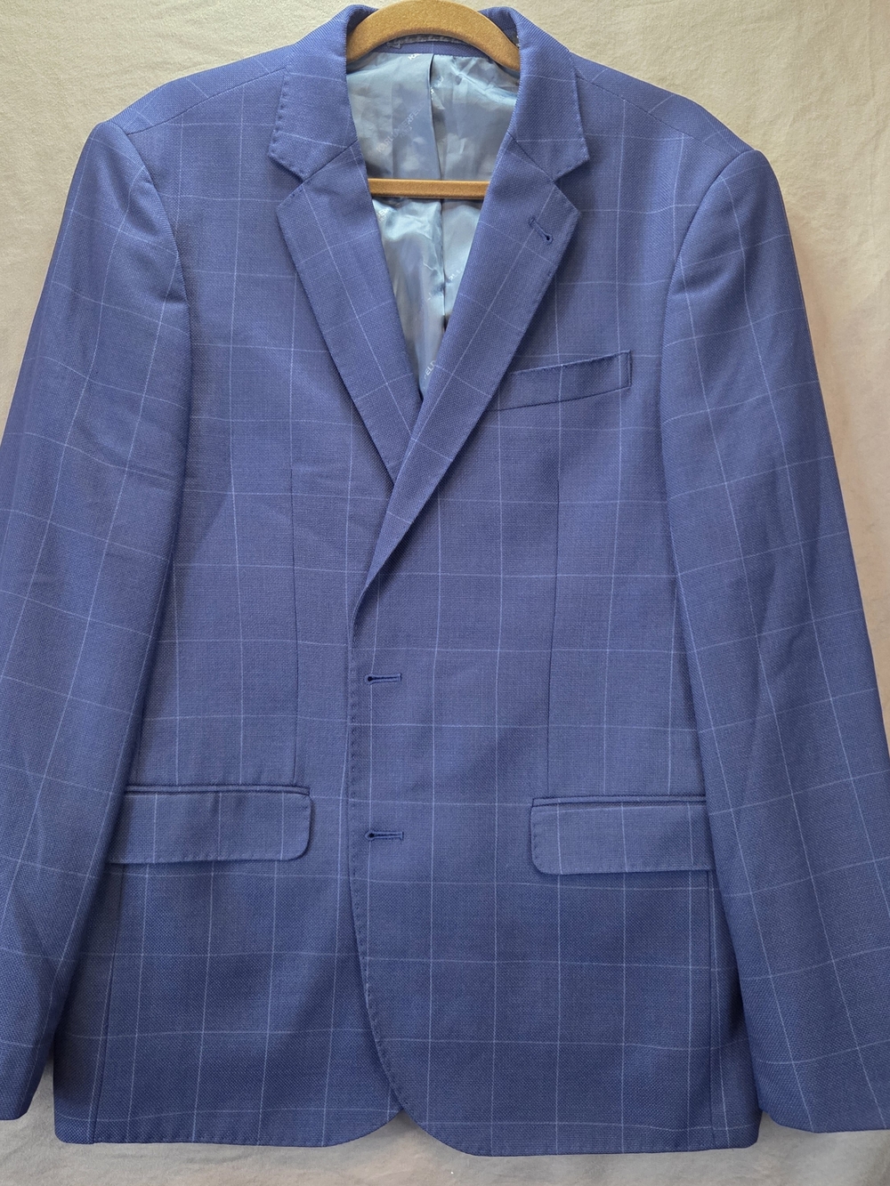 Karl Lagerfeld Paris 44R Mens Blue Grid Plaid Two Button Suit Jacket Blazer